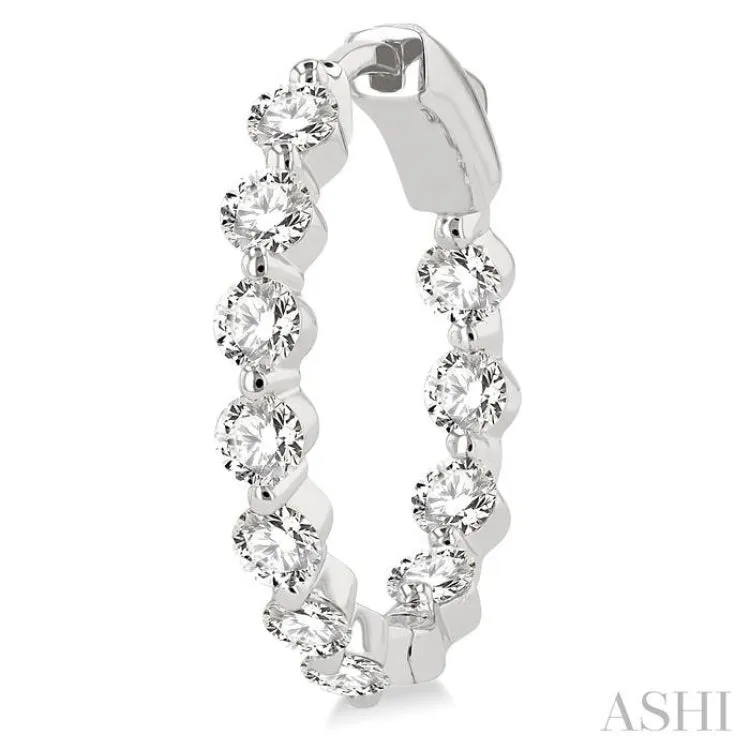 2 ctw Interior and Exterior Single Prong Set Round Cut Diamond Fashion Hoop Earring in 14K White Gold