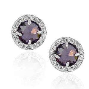 925 Sterling Silver Purple Violet White Round CZ Stud Earrings