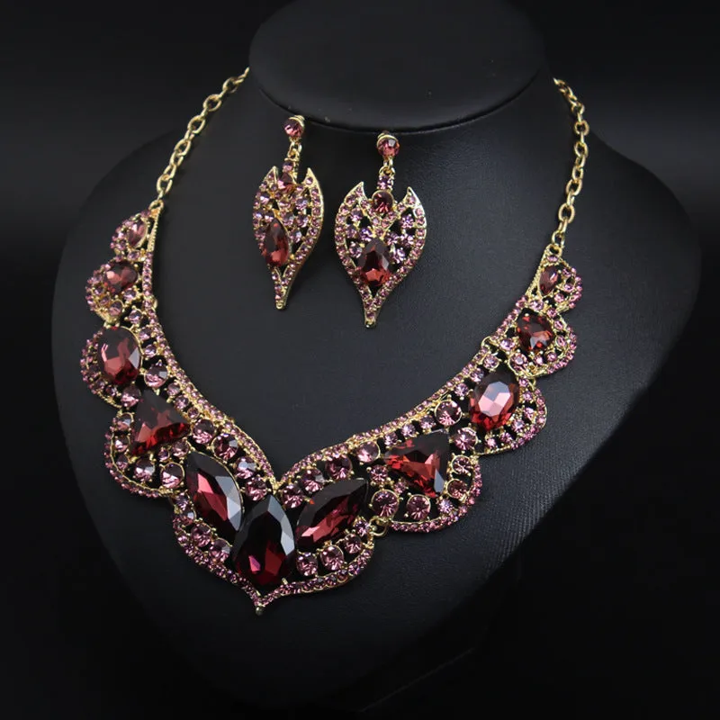 American exaggerated ruby clavicle necklace earrings set bridal dress female jewelry