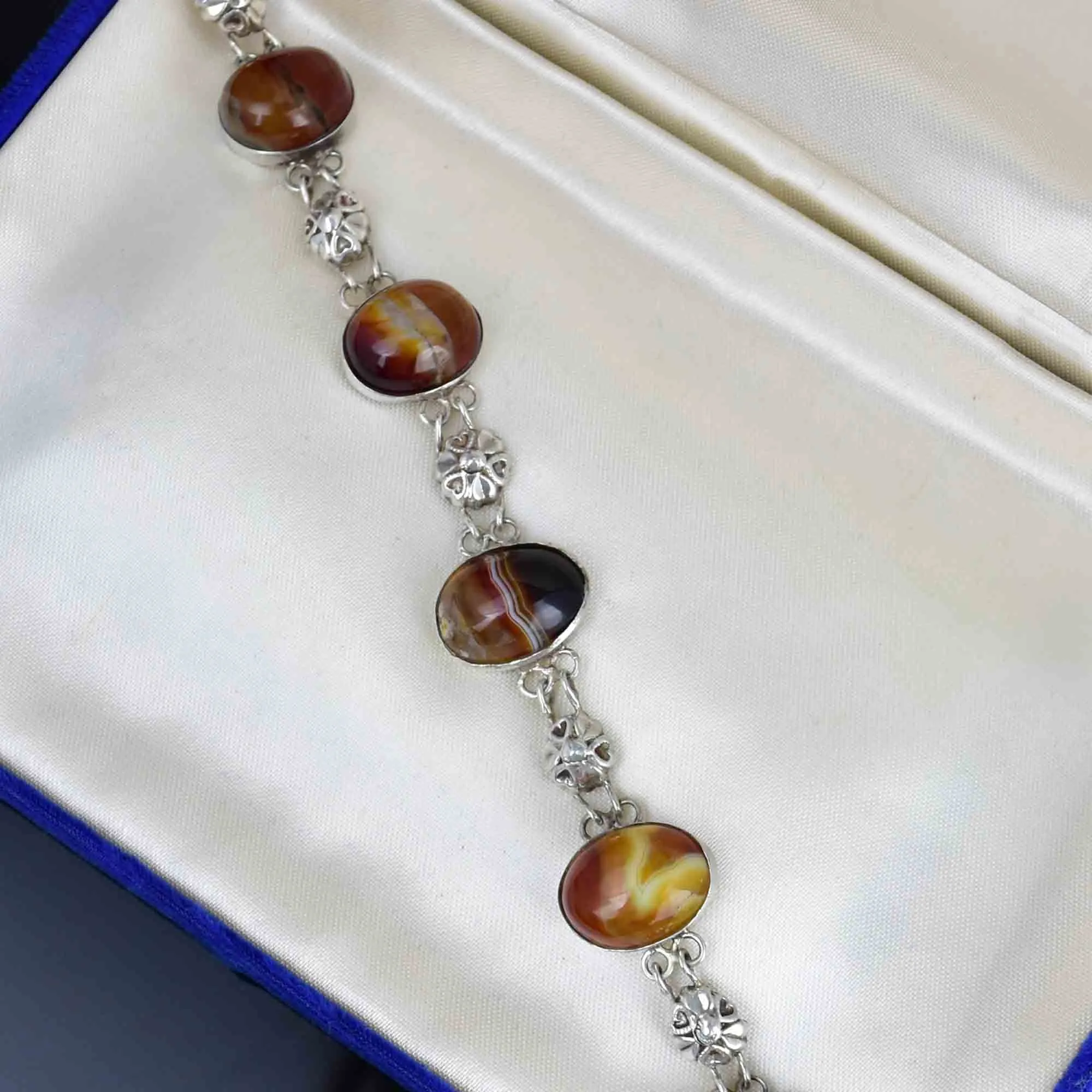 Arts and Crafts Style Silver Floral Banded Agate Bracelet