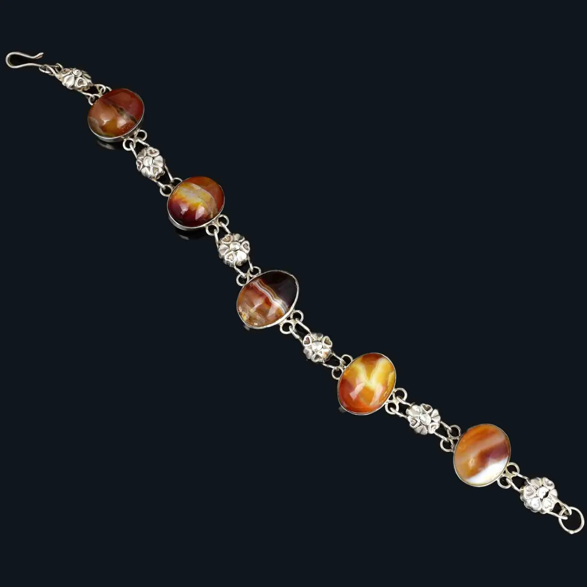 Arts and Crafts Style Silver Floral Banded Agate Bracelet