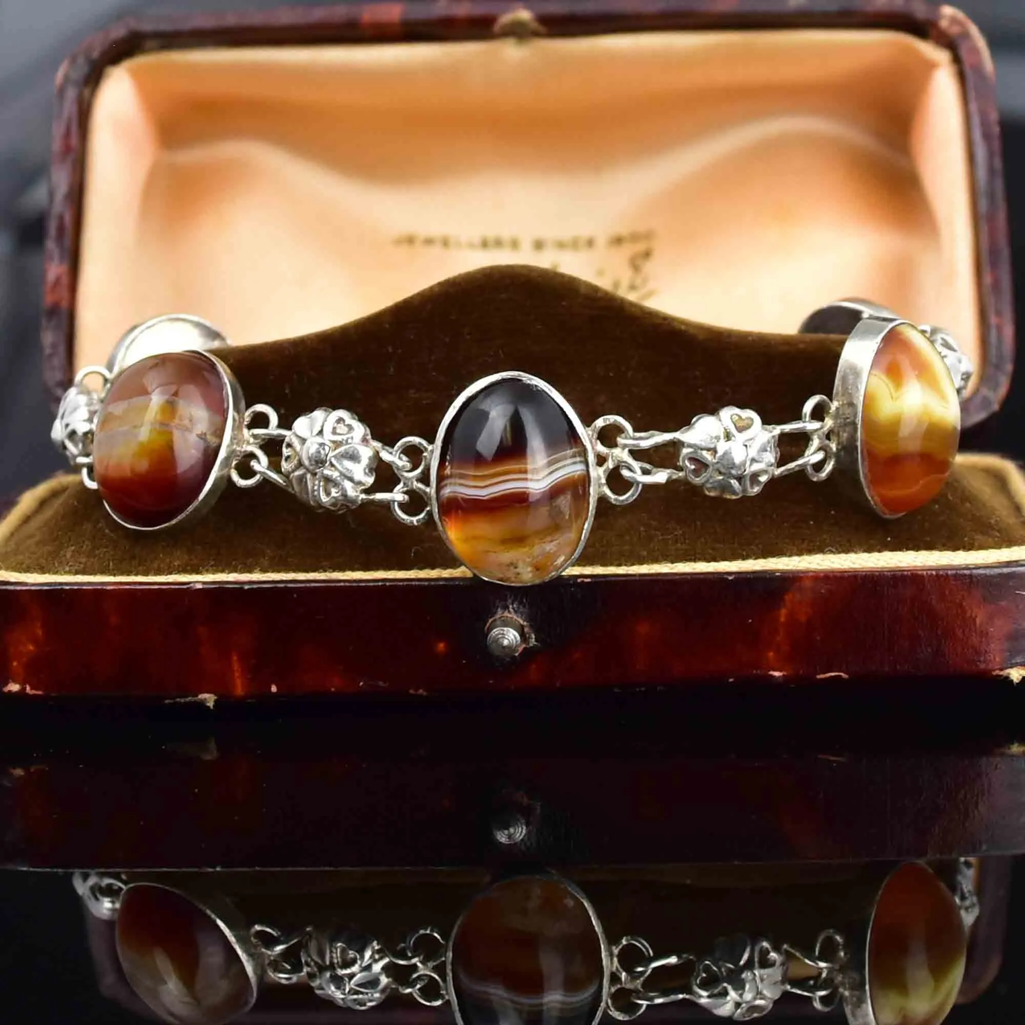 Arts and Crafts Style Silver Floral Banded Agate Bracelet