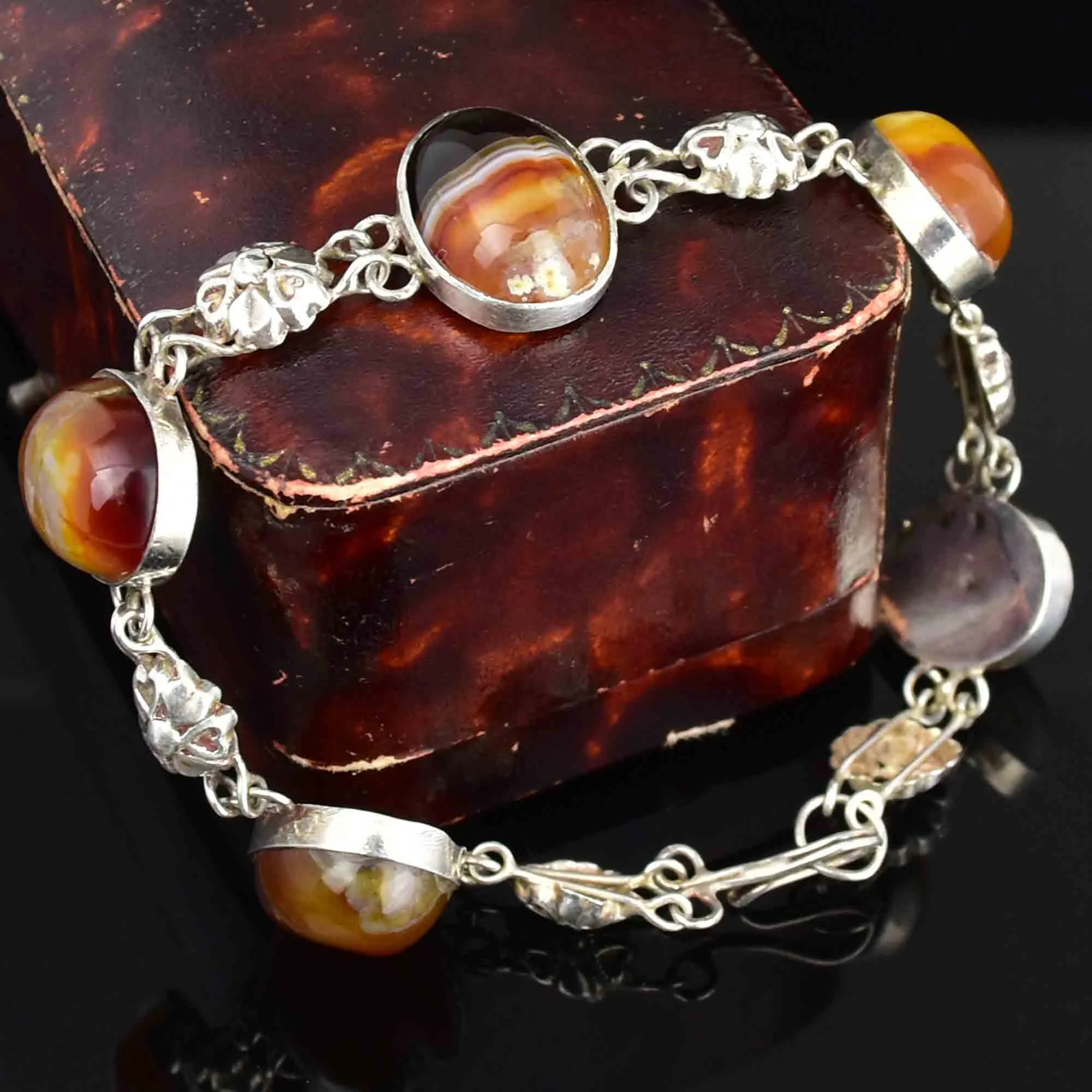 Arts and Crafts Style Silver Floral Banded Agate Bracelet