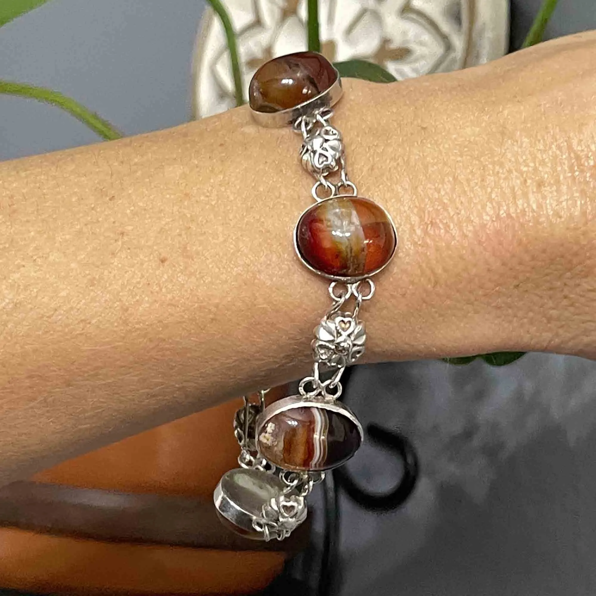 Arts and Crafts Style Silver Floral Banded Agate Bracelet