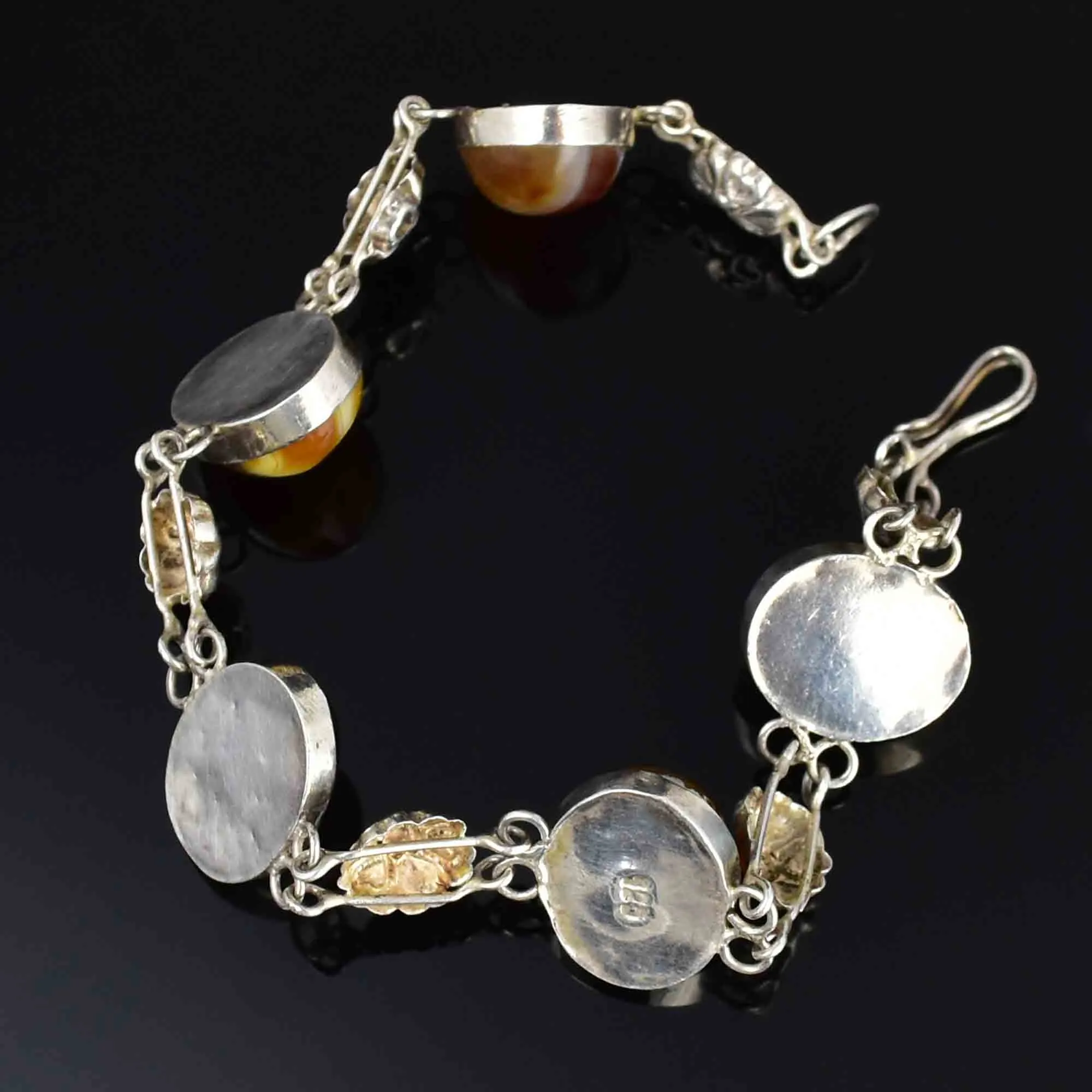Arts and Crafts Style Silver Floral Banded Agate Bracelet