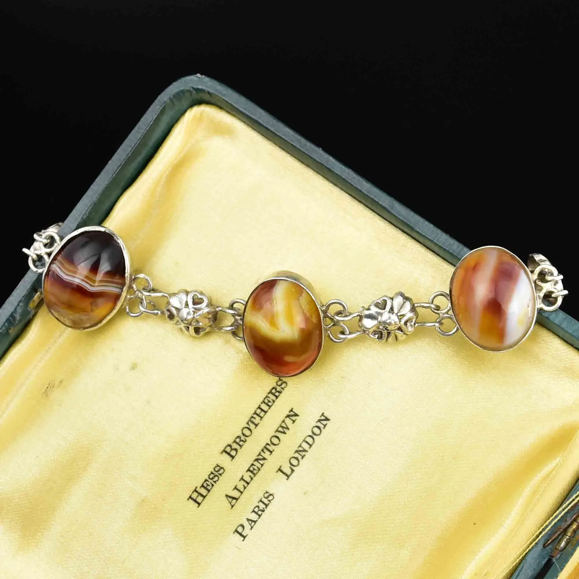 Arts and Crafts Style Silver Floral Banded Agate Bracelet