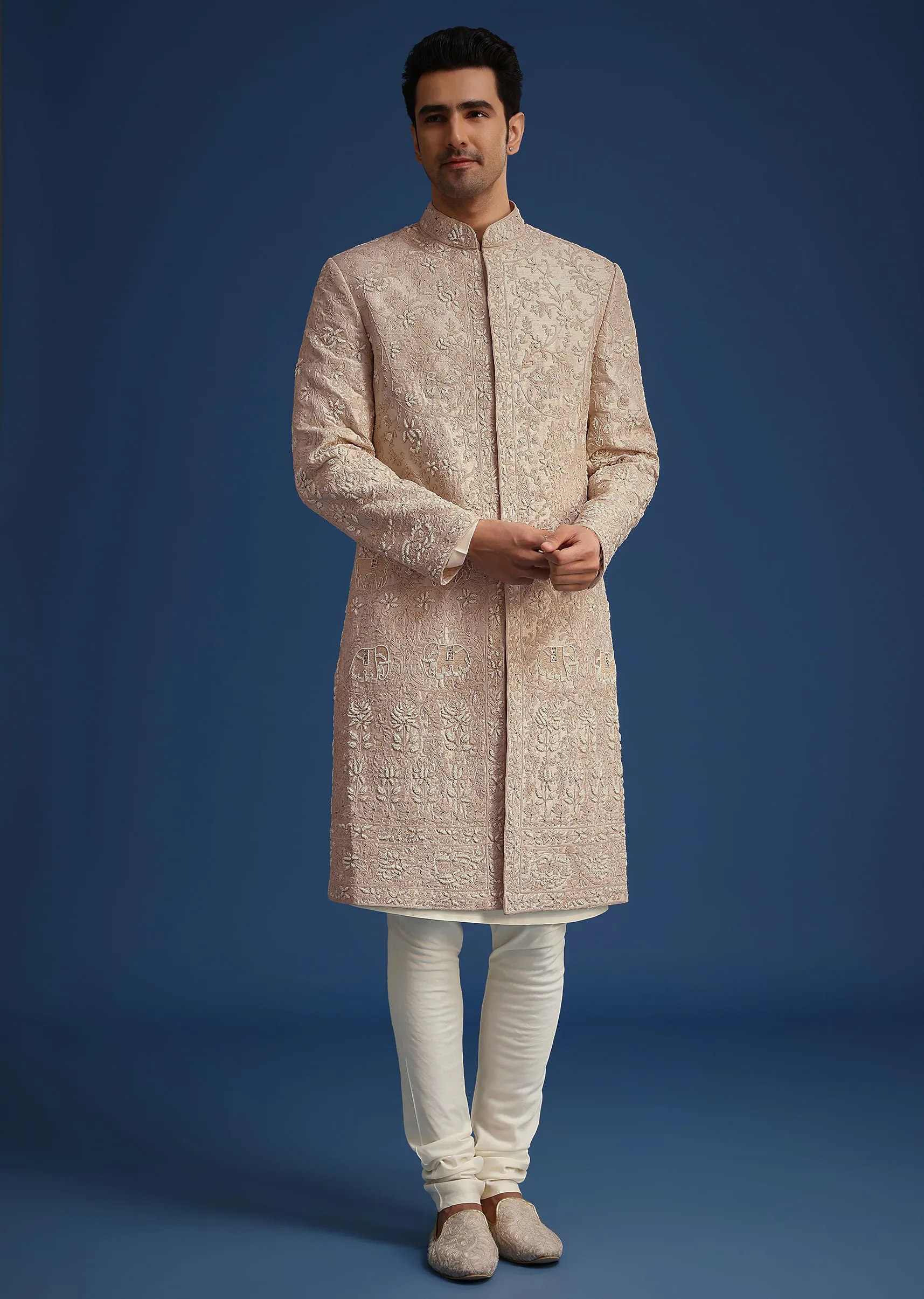 Beige Raw Silk Sherwani Set With Dori Embroidery