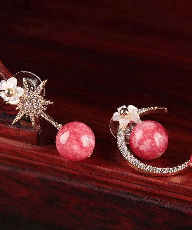 Chic Red Sterling Silver Zircon Shell Flower Asymmetricar Hoop Earrings LY2034