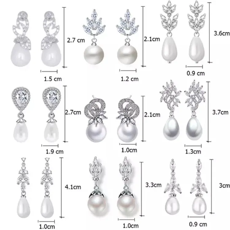 Delicate Cubic Zircon Leaf Dangle Earrings for Women Fashion Round Imitation Pearl Bridal Wedding Jewelry
