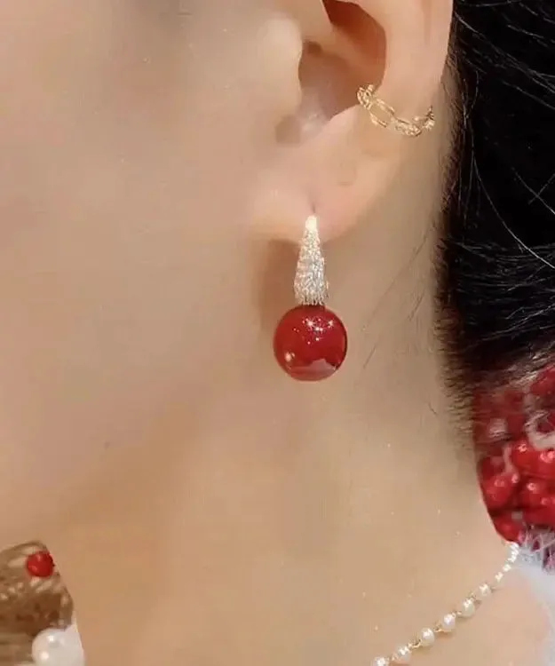 DIY Red Copper Overgild Zircon Pearl Drop Earrings LY8979