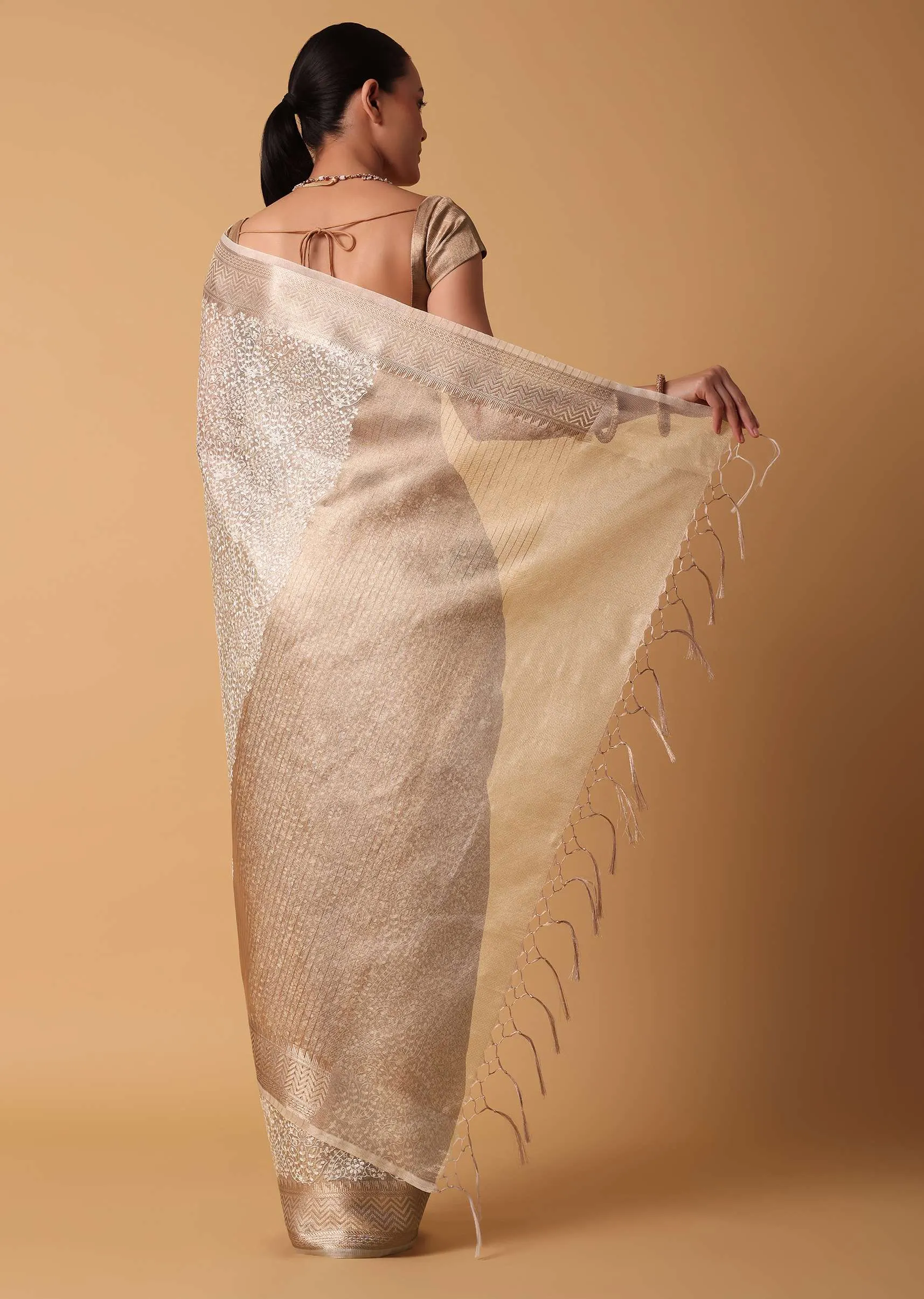 Gold Chanderi Kora Silk Saree With Zari Work Pallu And Unstitched Blouse Piece