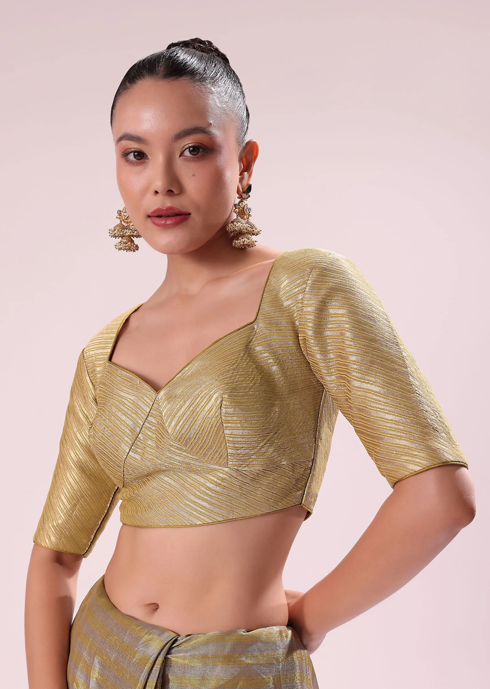 Gold Chanderi Tissue Saree With Pipe Finish Stitched Blouse