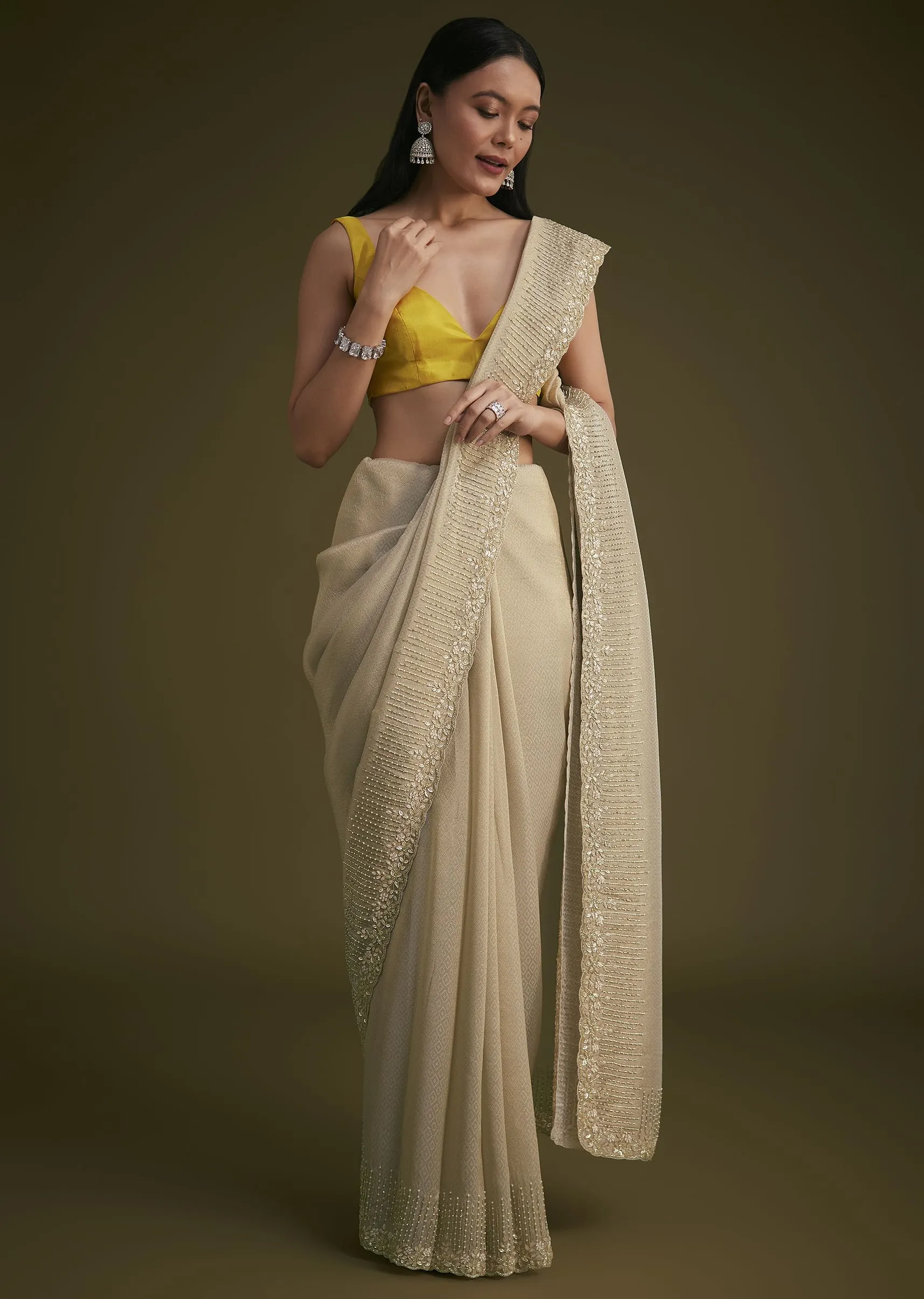 Gold Jacquard Saree Embroidered With Contrast Blouse Fabric