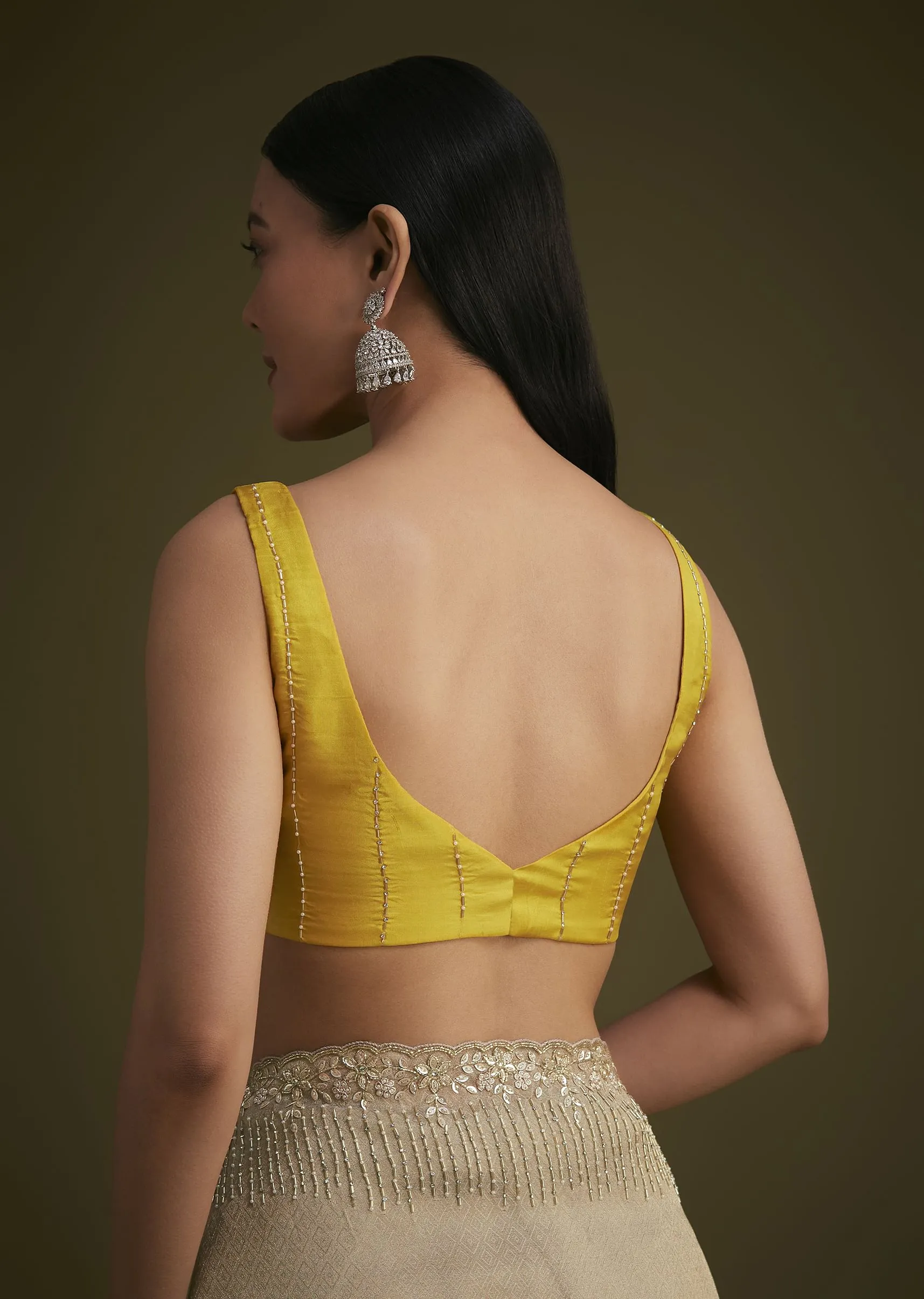 Gold Jacquard Saree Embroidered With Contrast Blouse Fabric