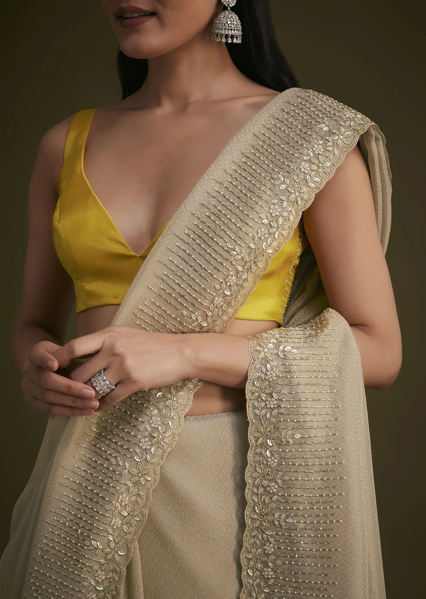 Gold Jacquard Saree Embroidered With Contrast Blouse Fabric