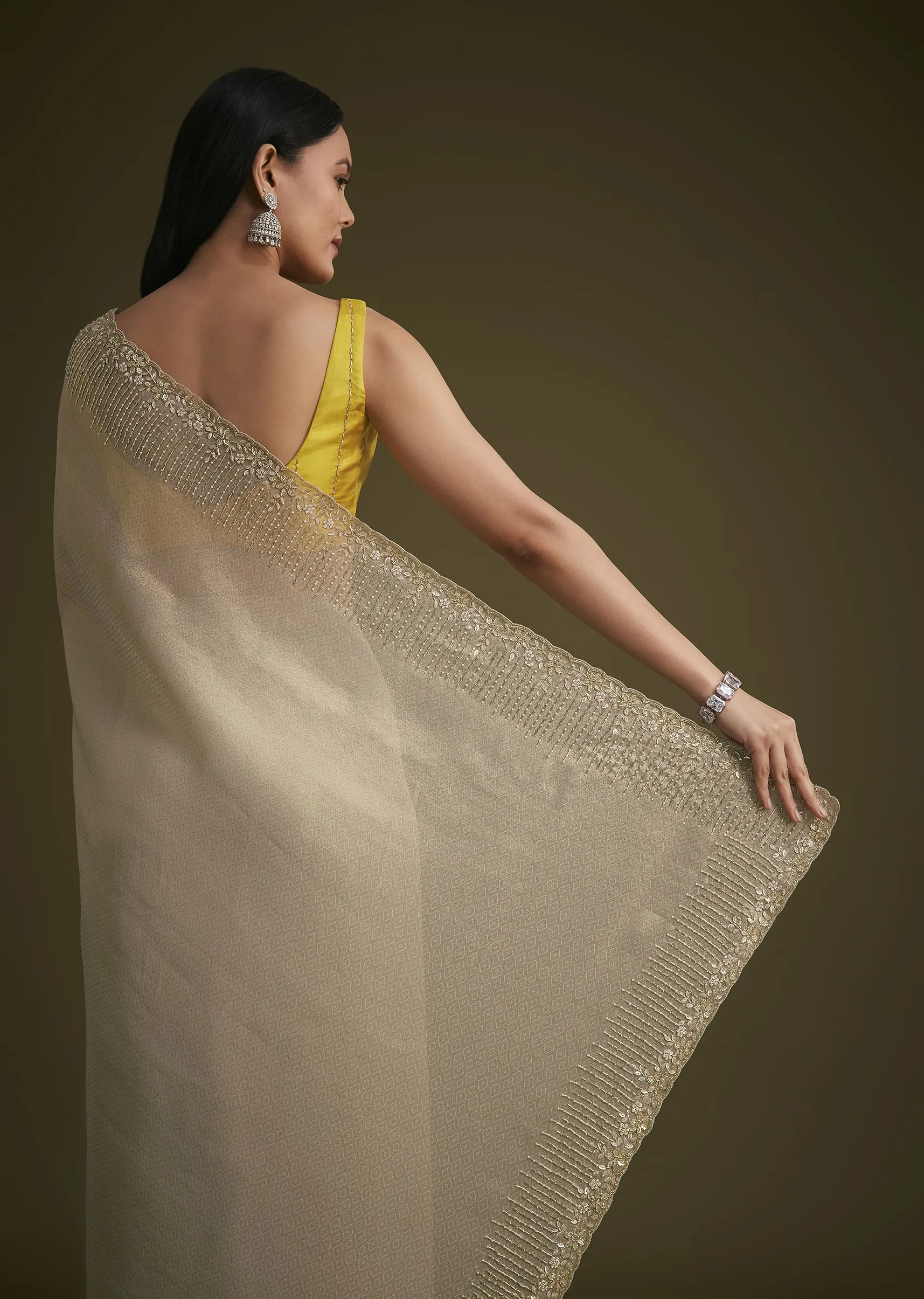 Gold Jacquard Saree Embroidered With Contrast Blouse Fabric