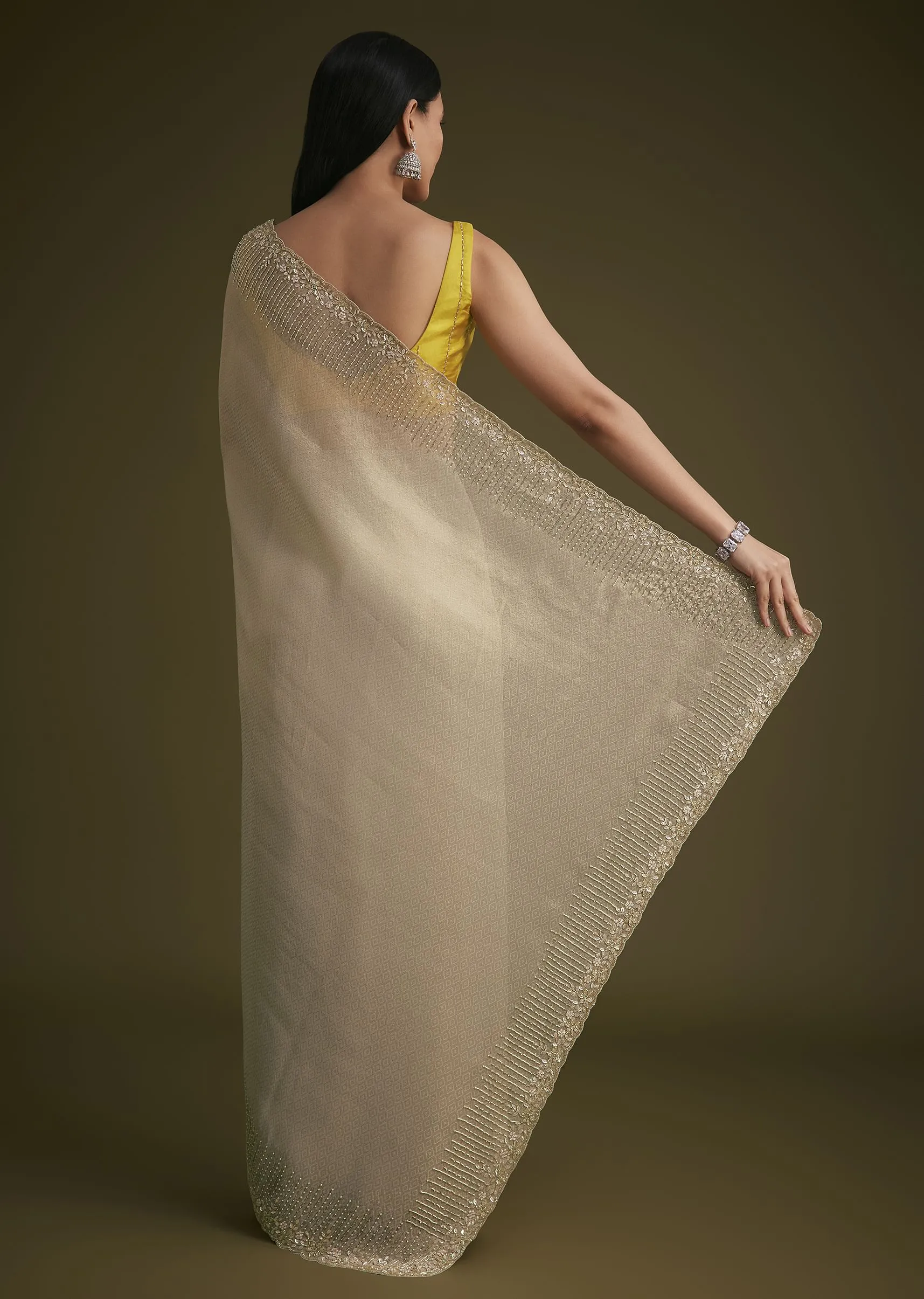Gold Jacquard Saree Embroidered With Contrast Blouse Fabric