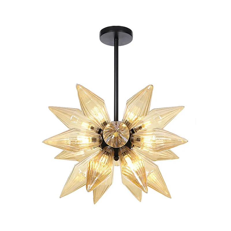 Industrial Pendant Chandelier with Amber/Clear Ribbed Glass and Starburst Design - 9/12/15 Heads for Bedroom
