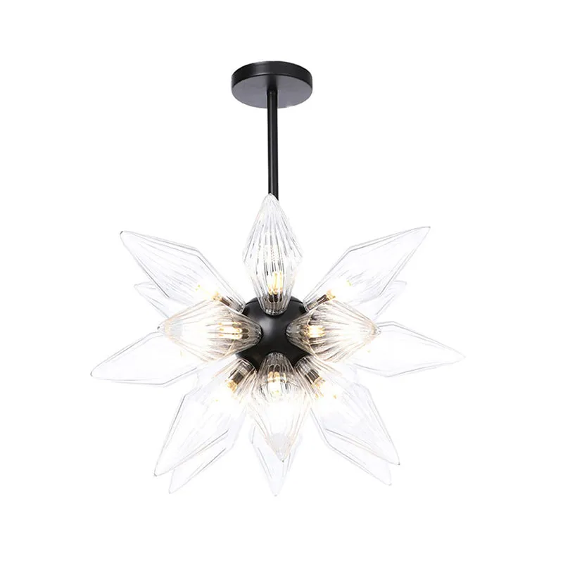 Industrial Pendant Chandelier with Amber/Clear Ribbed Glass and Starburst Design - 9/12/15 Heads for Bedroom