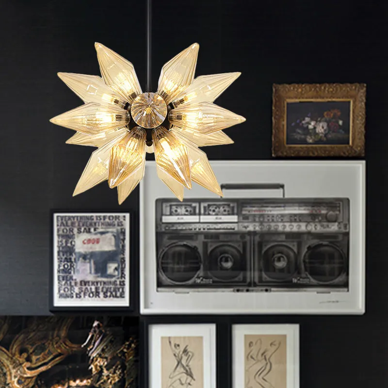 Industrial Pendant Chandelier with Amber/Clear Ribbed Glass and Starburst Design - 9/12/15 Heads for Bedroom