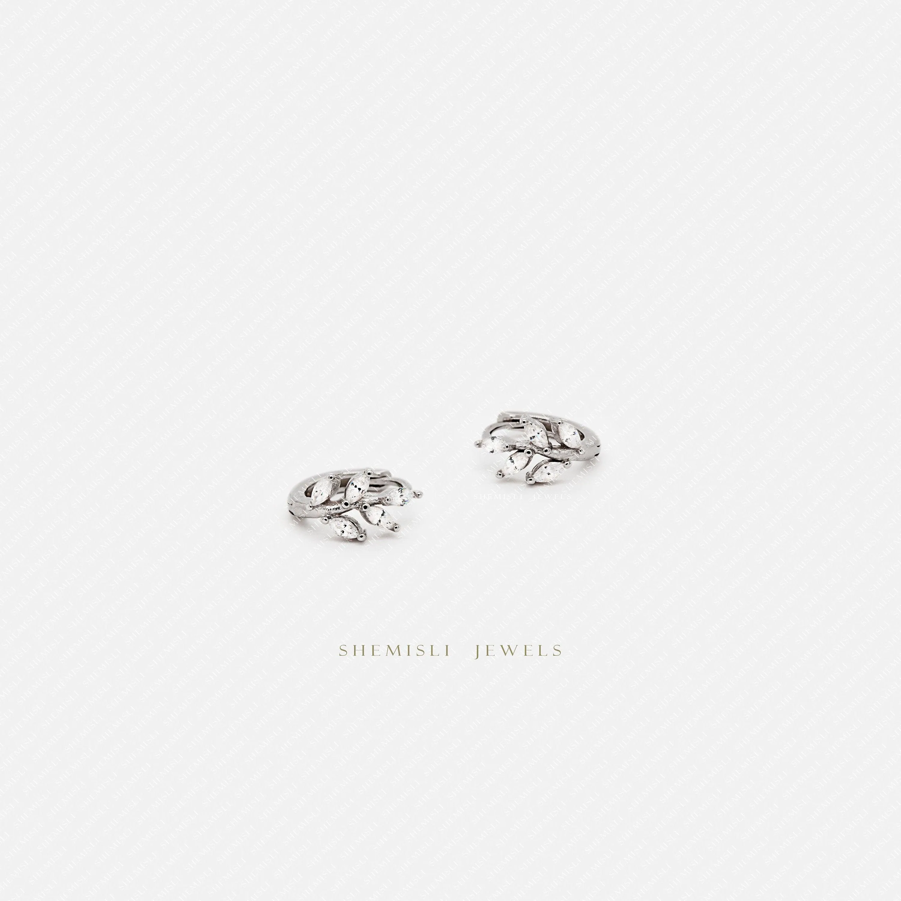 Leaf CZ Hoop Earrings, Olive Leaf Huggies, Gold, Silver SHEMISLI - SH008 LR