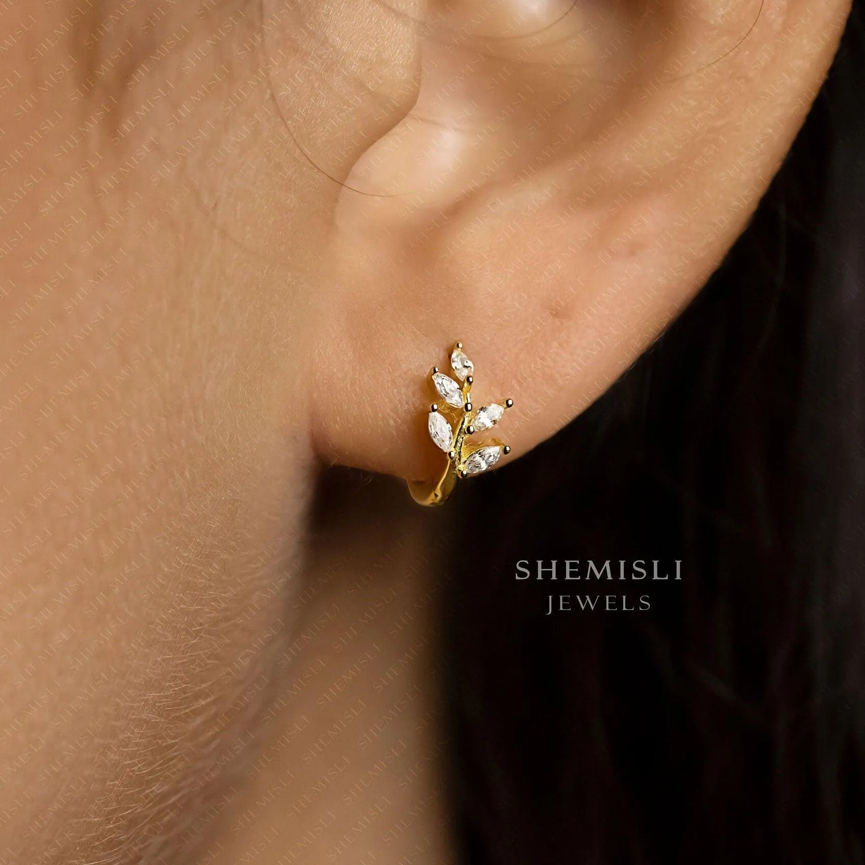 Leaf CZ Hoop Earrings, Olive Leaf Huggies, Gold, Silver SHEMISLI - SH008 LR