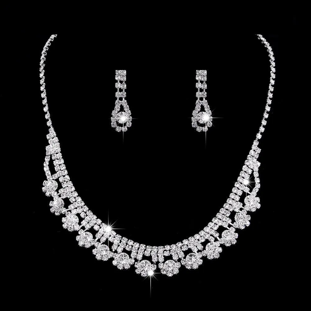 MAC181 Brilliant Full Diamond Zircon Drop Necklace And Earrings
