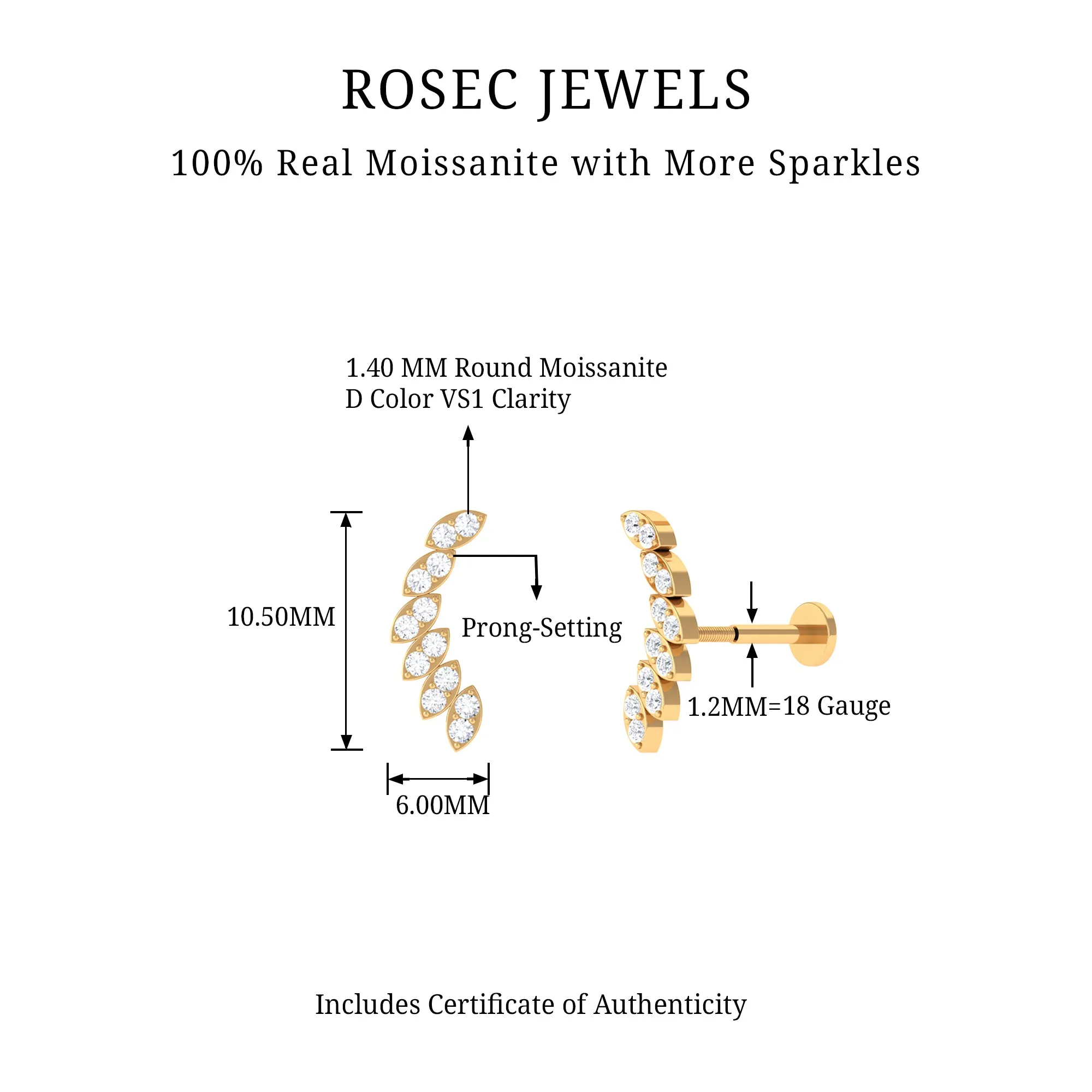 Moissanite Curved Crawler Earring for Helix Piercing