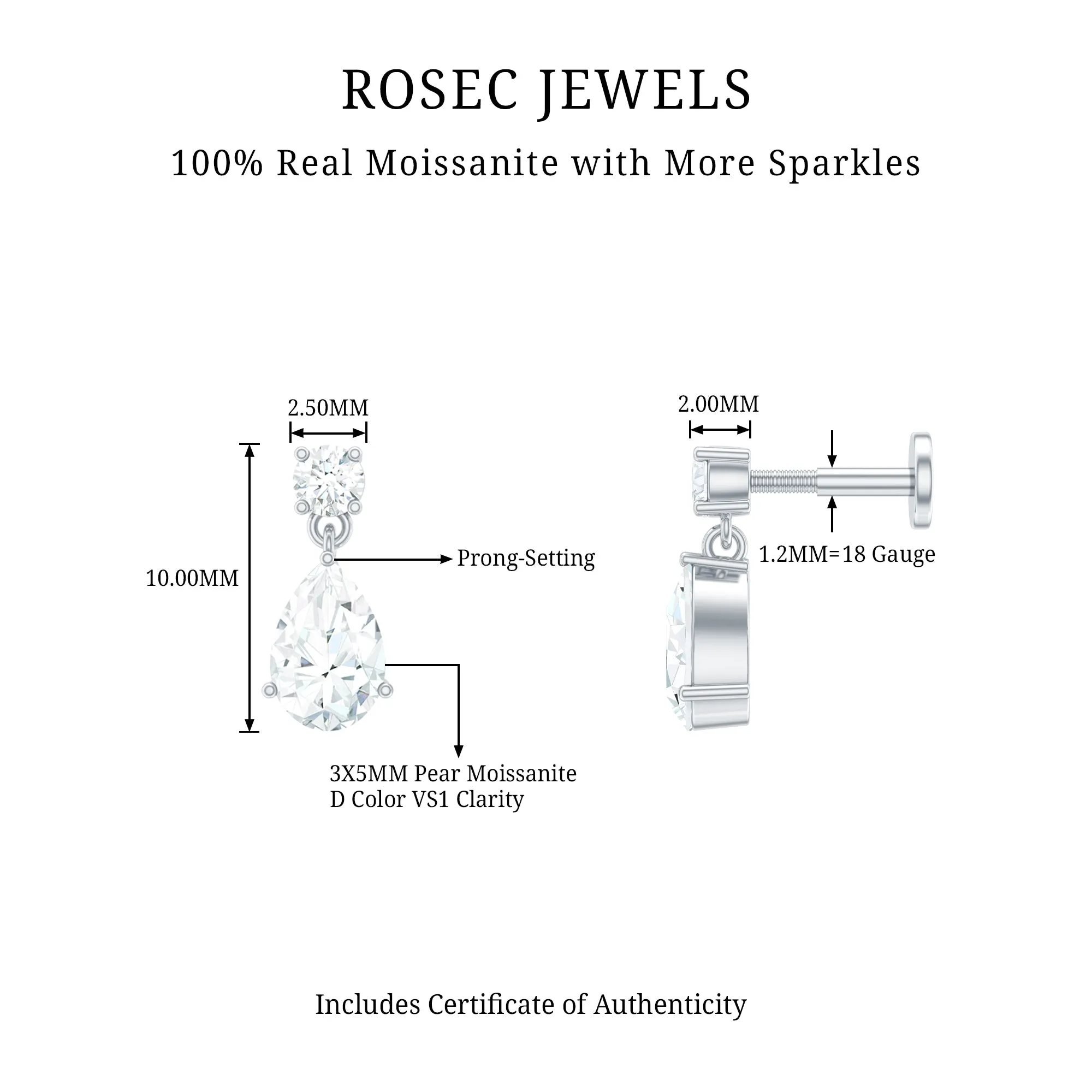 Moissanite Teardrop Earring for Helix Piercing