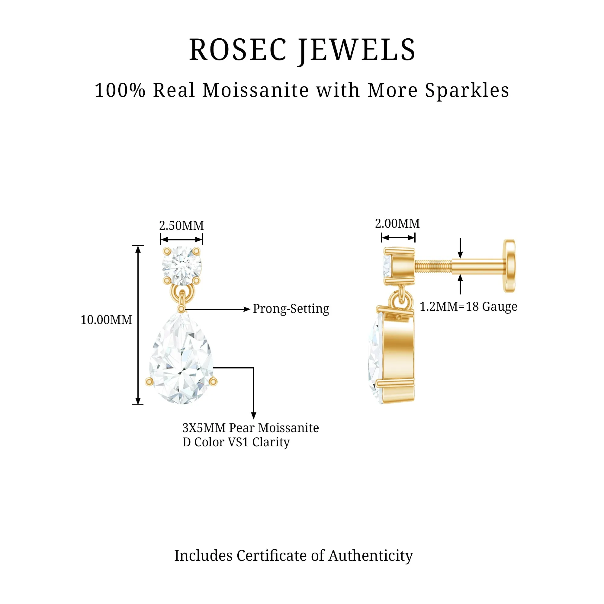 Moissanite Teardrop Earring for Helix Piercing