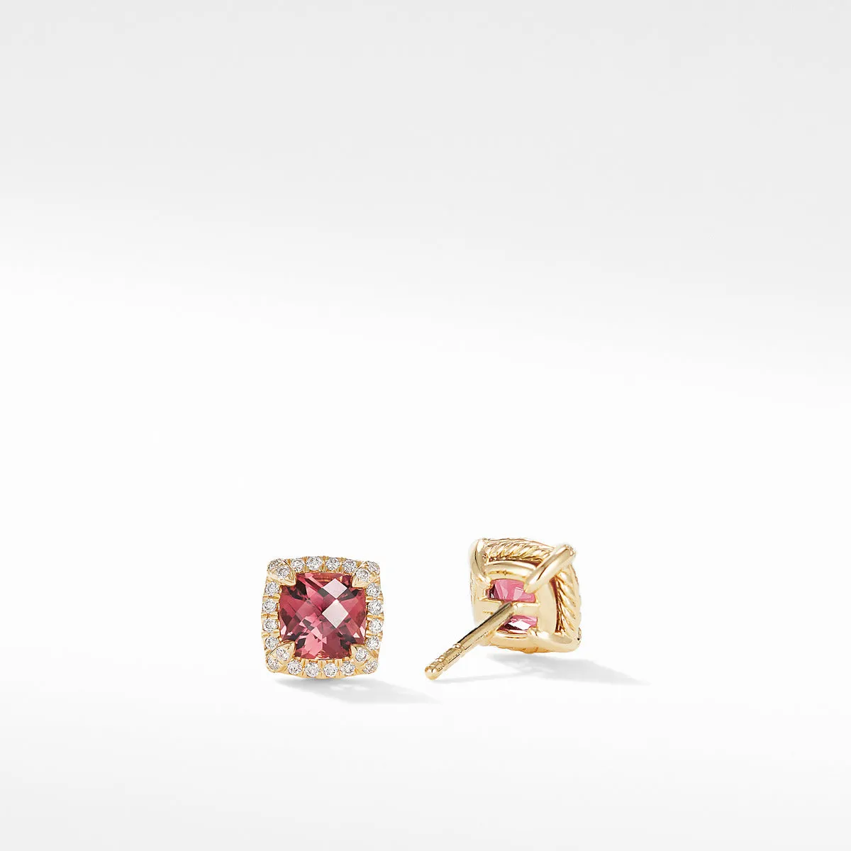 Petite Chatelaine Pave Bezel Stud Earrings in 18K Yellow Gold with Pink Tourmaline