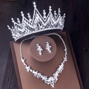 "Taline" - Silver Cubic Zirconia 3-Piece Bridal Jewelry Set With Tiara