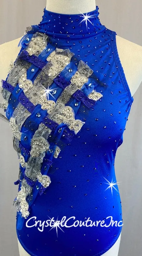 Royal Blue Mock-Neck Leotard with Weaved Detailing - Swarovski Rhinestones