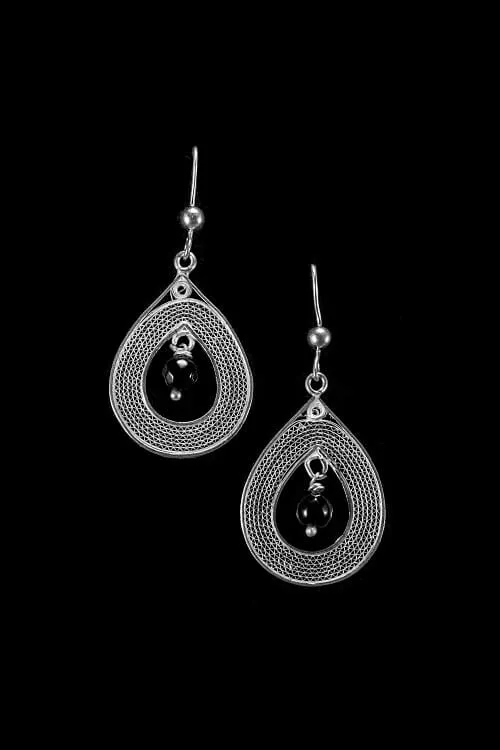 Silver Linings "Black Drops" Silver Filigree Handmade Dangle Earrings