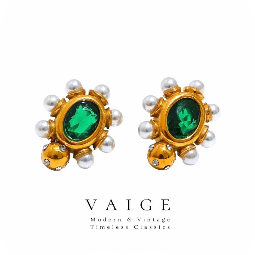 VAIGE Elegant Green and White Zircon Faux Pearl Gold Earrings with Stainless Steel Accents
