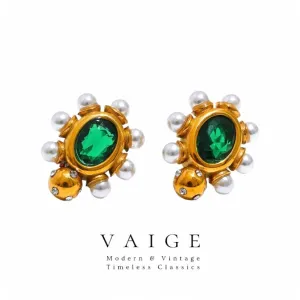 VAIGE Elegant Green and White Zircon Faux Pearl Gold Earrings with Stainless Steel Accents