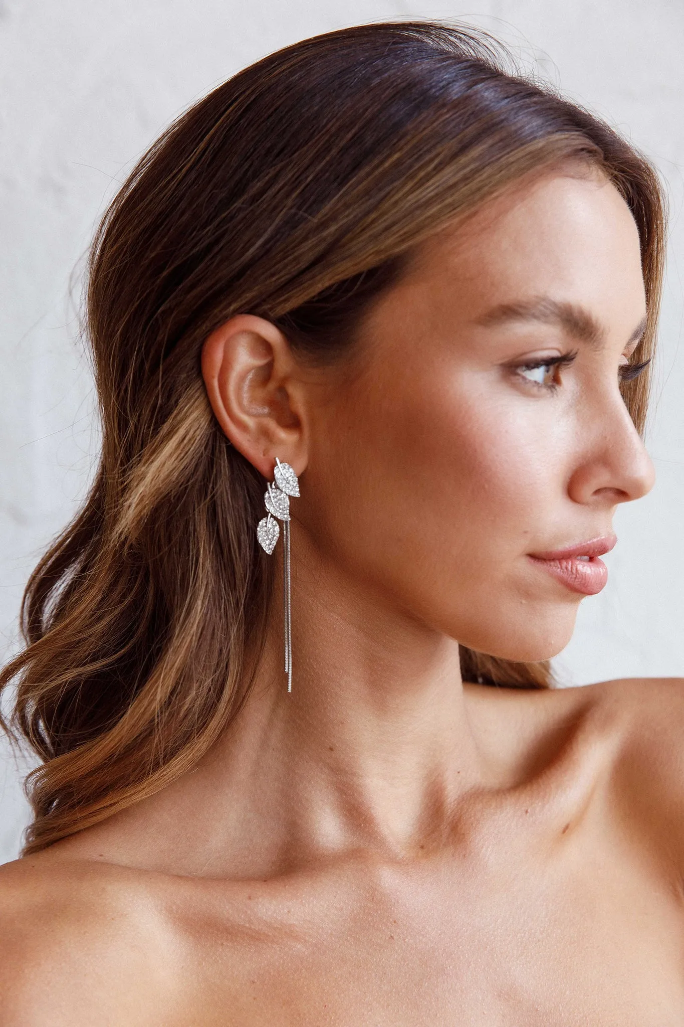 Zircon Leaves Tassel Drop Earrings Silver