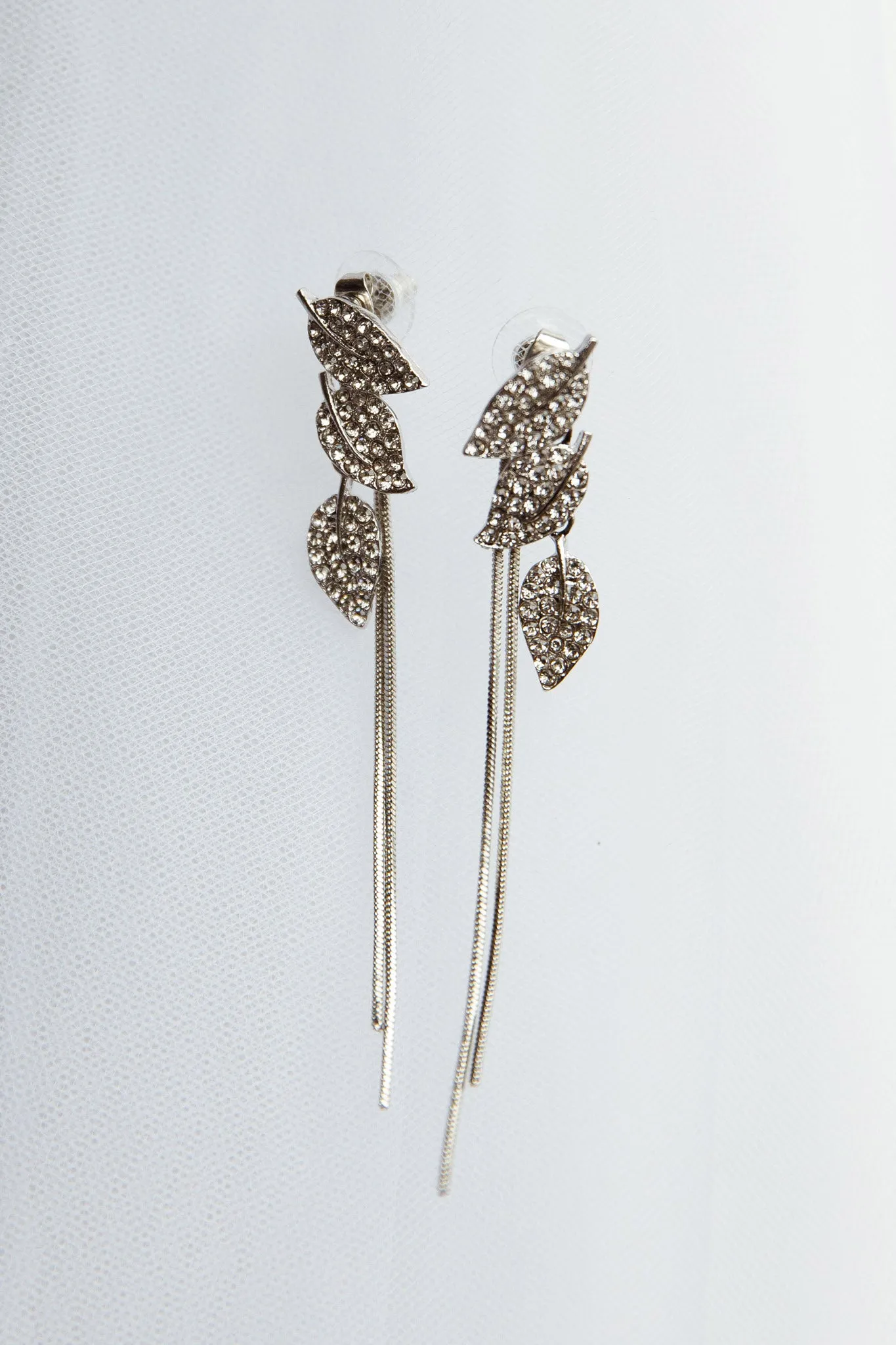 Zircon Leaves Tassel Drop Earrings Silver