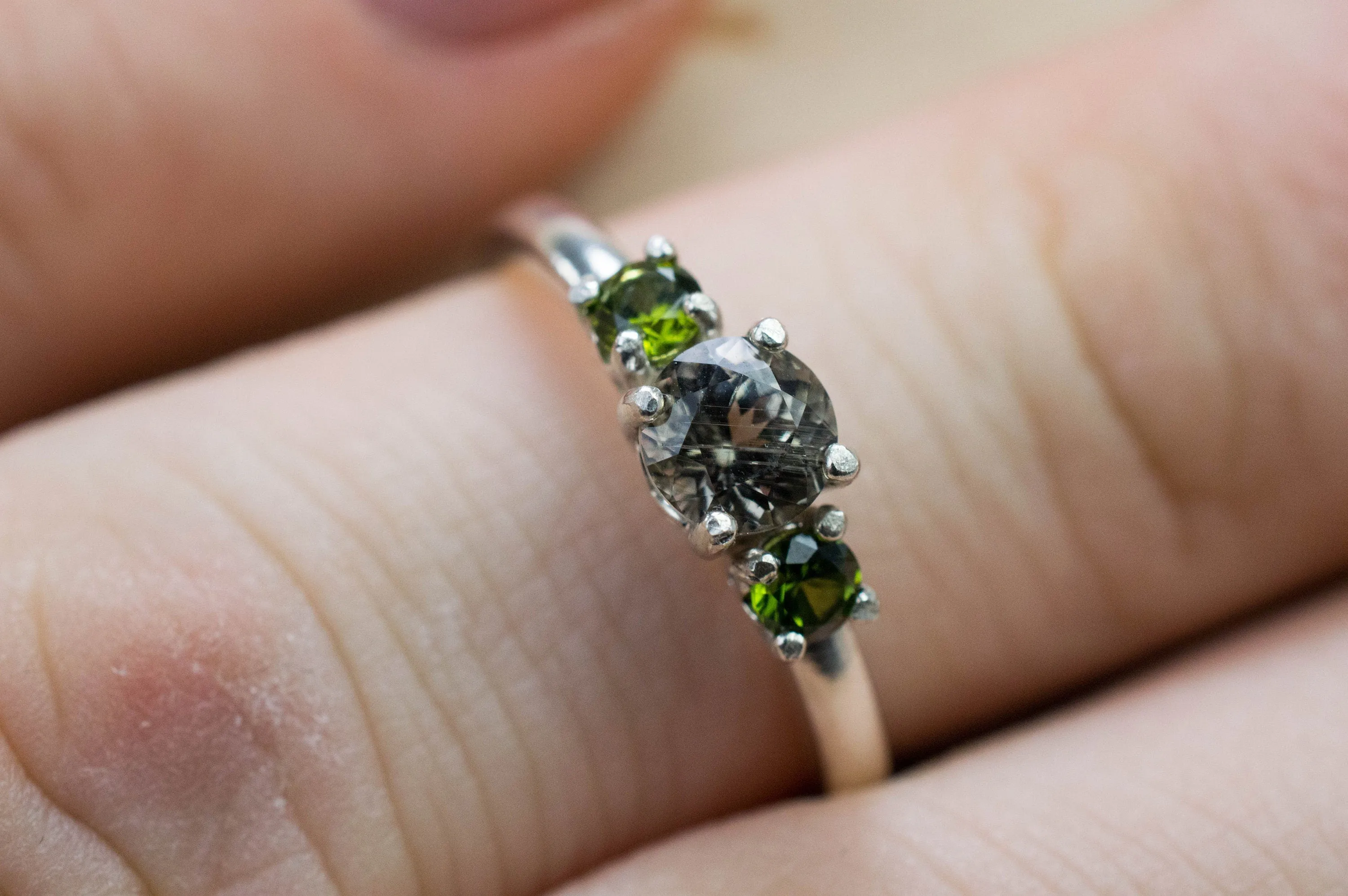 Zoisite and Green Zircon Ring, Genuine Untreated Pakistan Zoisite and Sri Lanka Zircon